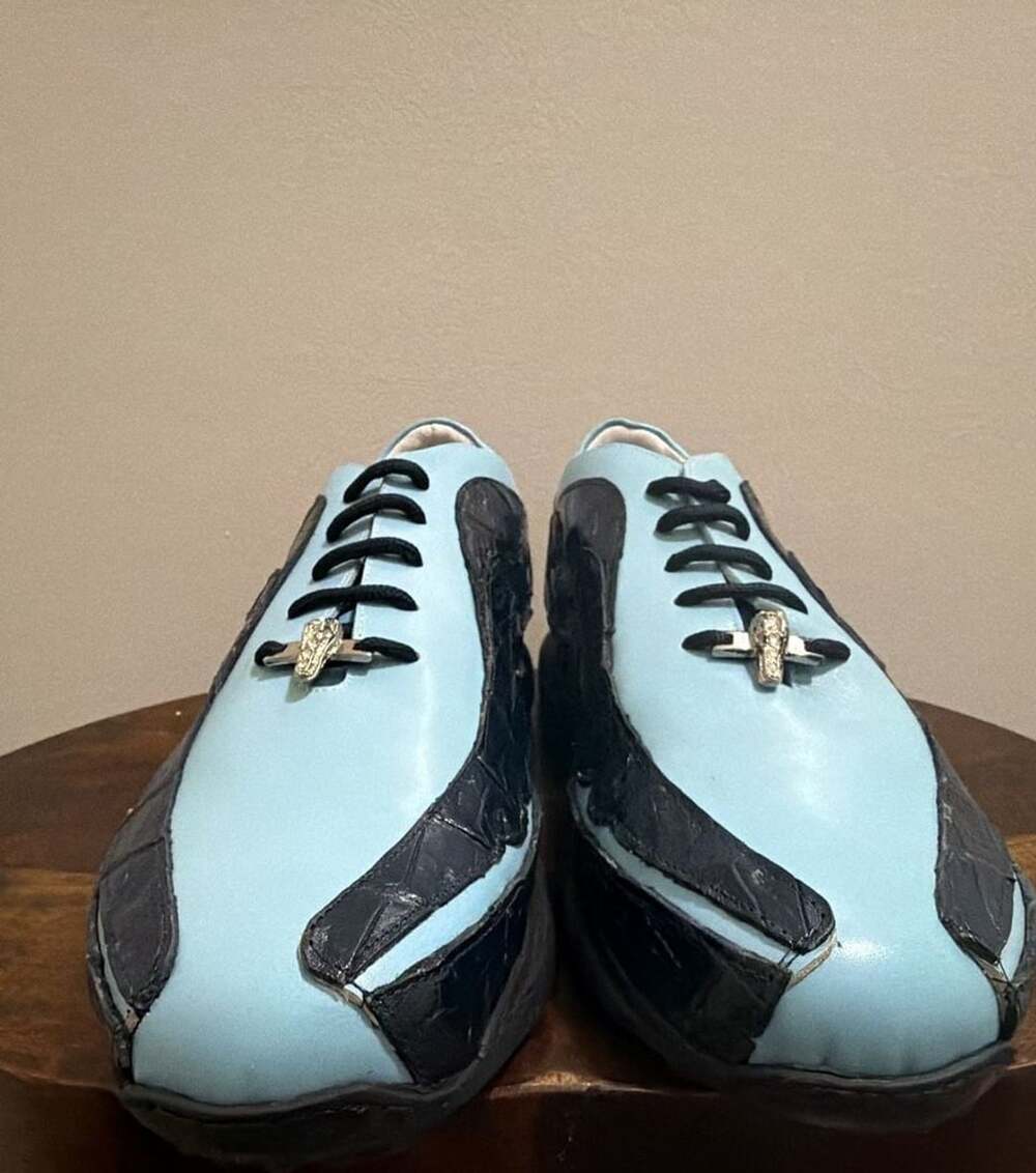 Mauri Crocodile and Calfskin Light Blue Casual Sneakers with Alligator Eye Detai